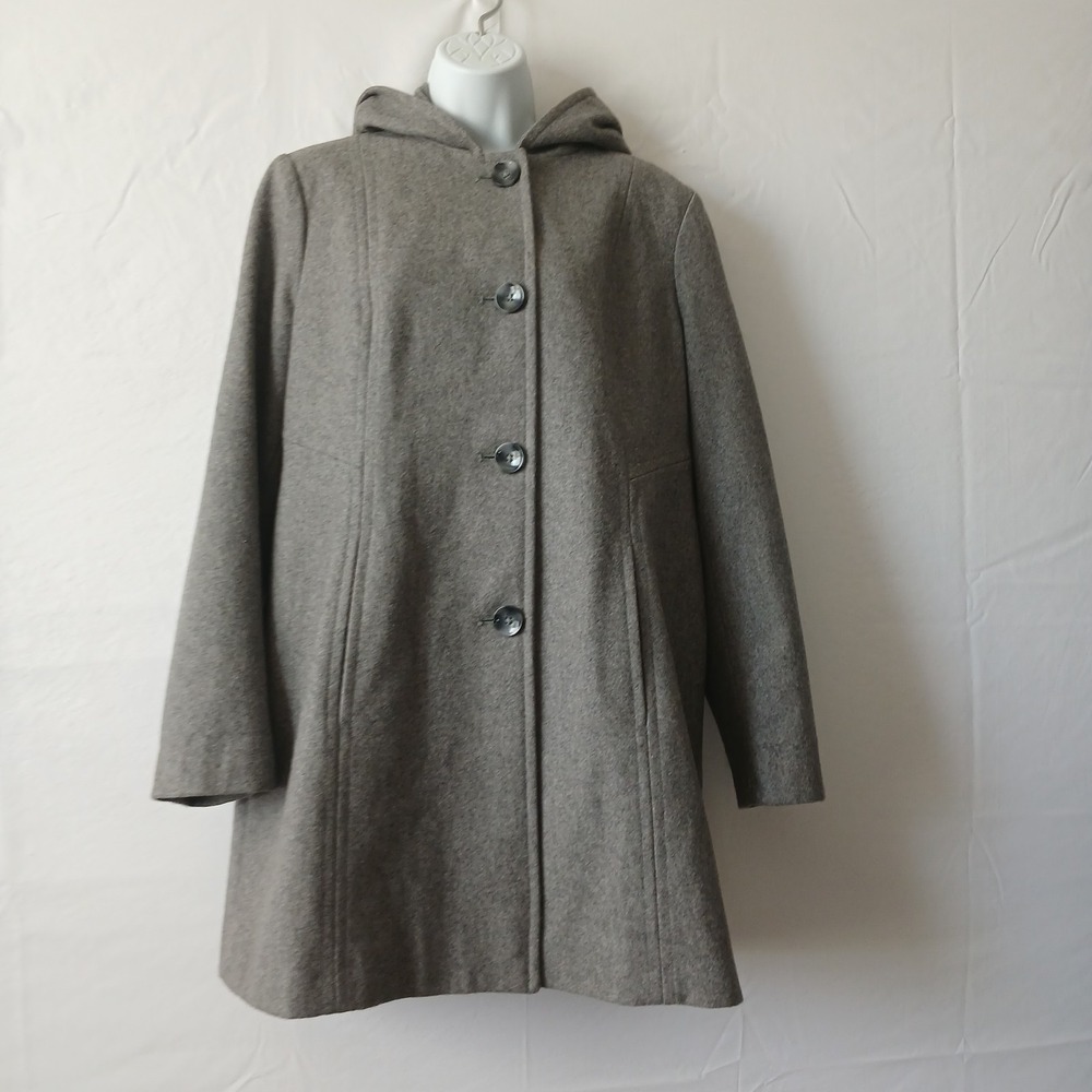 Anne Klein Coat Gray Wool Blend Button Hood Sz L Peacoat Casual Chic Preppy